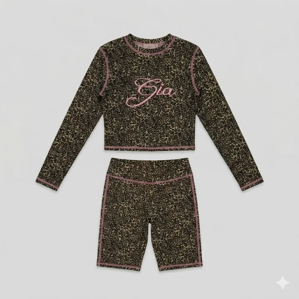 I.AM.GIA Leopard Print Long-Sleeve Crop Top and Biker Shorts Set