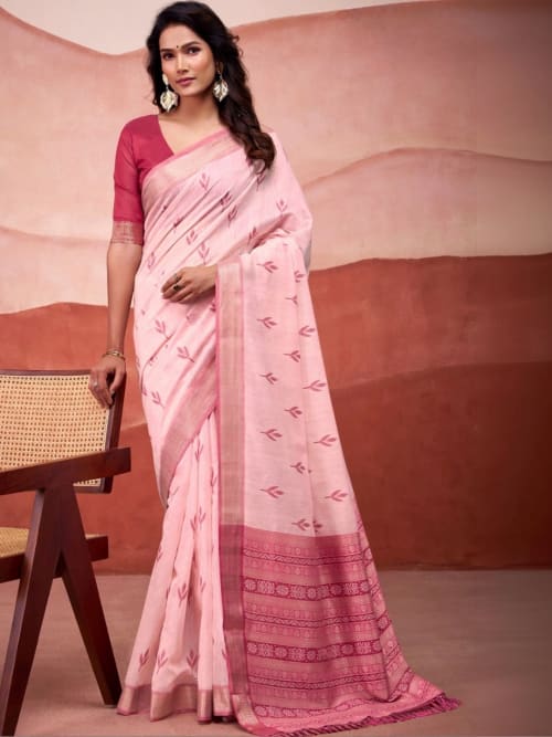 Pink Bhagalpuri Floral Print Saree with Zari Woven Border