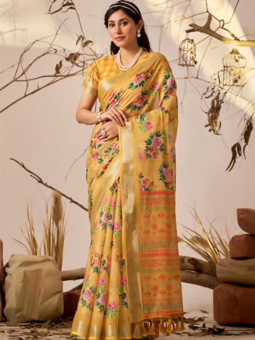 Yellow and Mustard Kota Floral Printed saree with Woven Design Border