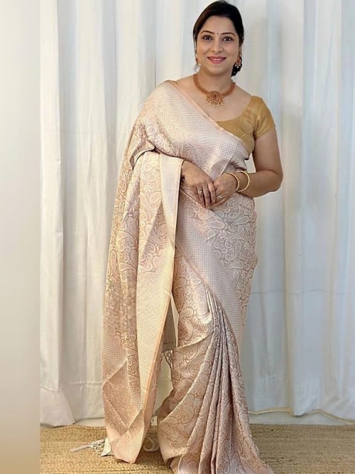 Peach Banarasi Woven Embellished Saree with Zari Border