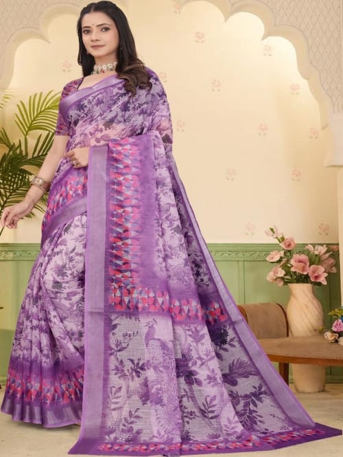Purple Kanjeevaram Floral Print Saree with Woven Border