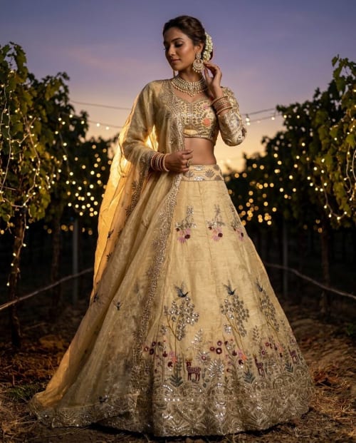 Premium Cream Sequins Embroidery Fendy Silk Lehenga Choli