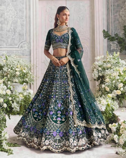 Premium Dark Green Heavy Mono Satin Silk Floral Sequins Lehenga Choli