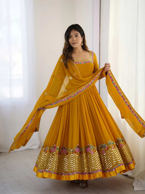Yellow Sequinned Embroidered Georgette Anarkali Kurta Set