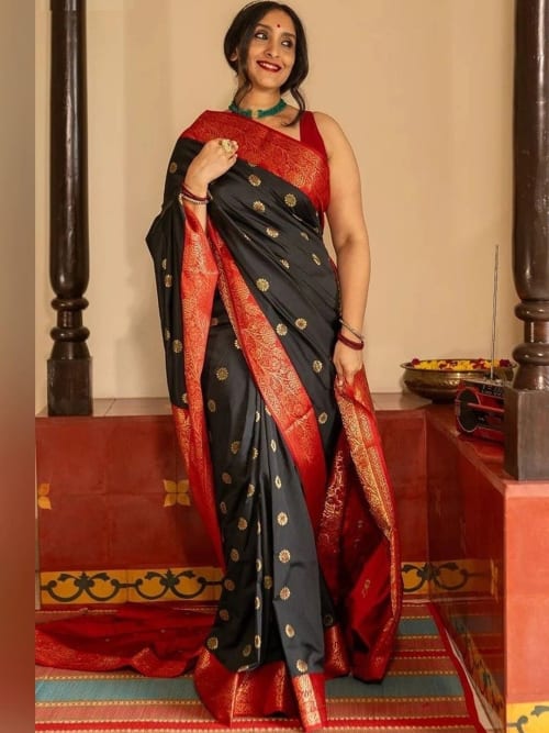 Black Ikat Kalamkari Embellished Saree with Zari Border