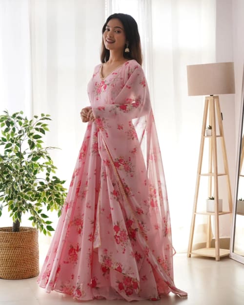 Pink Printed Anarkali Suit & Dupatta Set