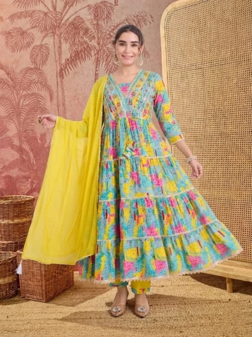 Yellow Multicolor Printed Cotton Mirror Work Anarkali Set