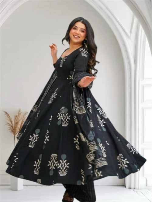 Black Botanical Printed Rayon Anarkali Pant Dupatta Set