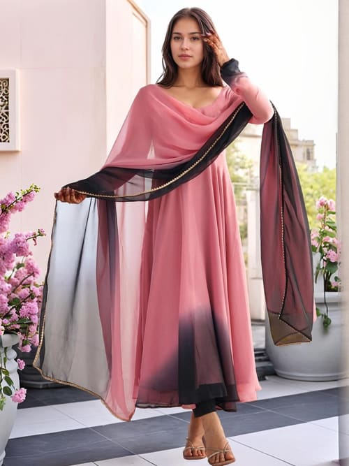 Multicolor Colorblocked Georgette Anarkali Kurti and Dupatta Set