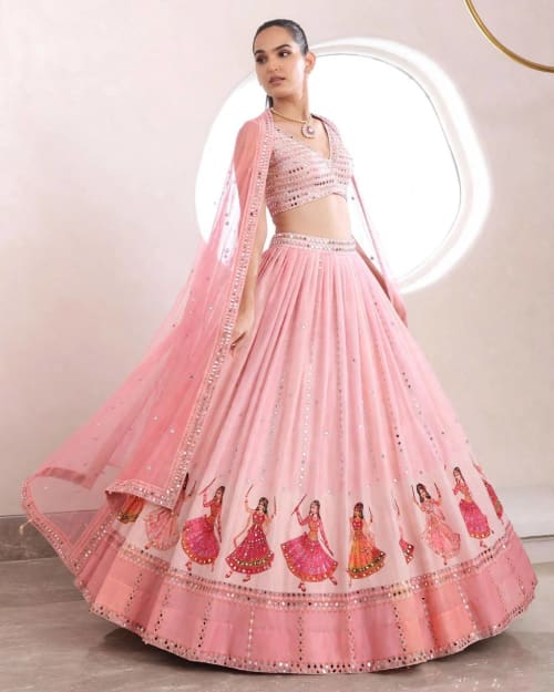 Premium Light Pink Digital Print & Real Mirror Work Star Georgette Lehenga Choli