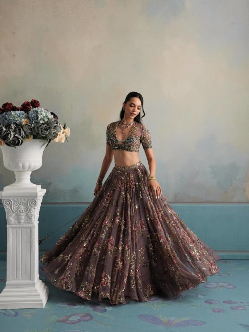 Premium Dusty Mauve Floral Digital Print Sequence Work Star Georgette Lehenga Choli