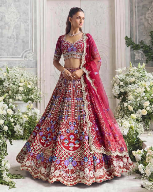 Premium Red Heavy Mono Satin Silk Floral Sequins Lehenga Choli