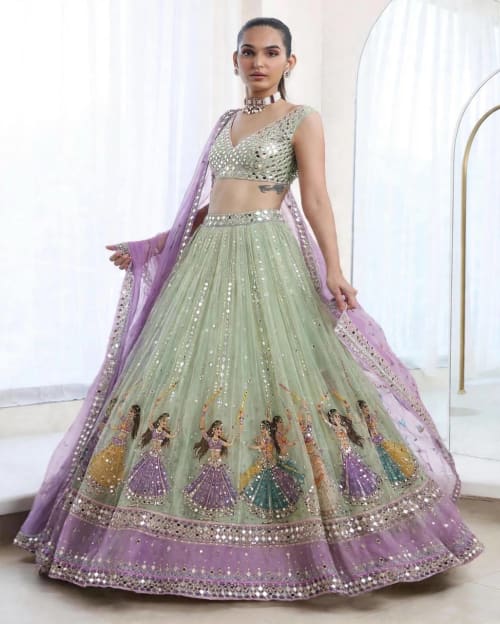 Premium Pastel Green and Lavender Digital Print & Real Mirror Work Star Georgette Lehenga Choli
