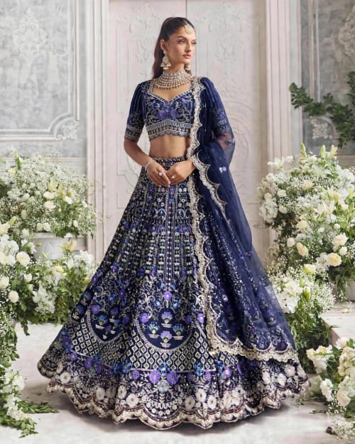 Premium Navy Blue Heavy Mono Satin Silk Floral Sequins Lehenga Choli