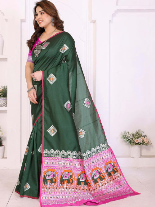 Green Banarasi Woven Saree with Zari Detail & Border