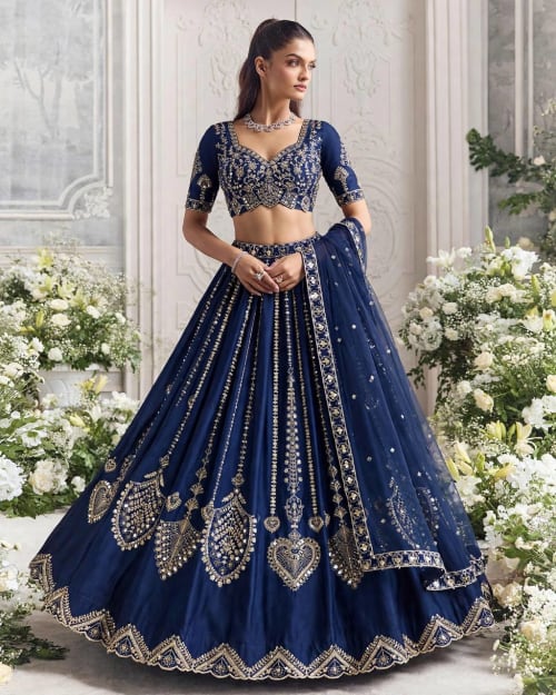 Premium Navy Blue Coding Embroidery Diamond Silk Lehenga Choli