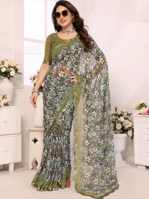Olive Green Floral Print Saree with Mirror Work Embellished Border