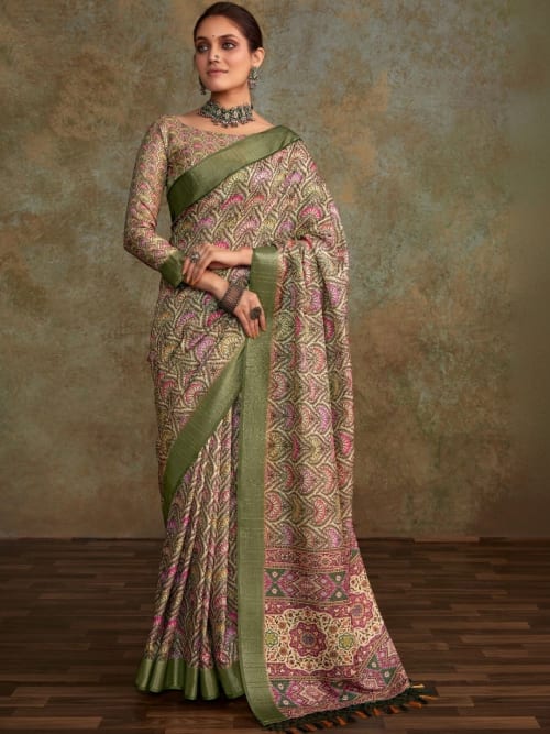 Off White Patola Saree with Paisley Print & Zari Woven Border | Includes Unstitched Blouse