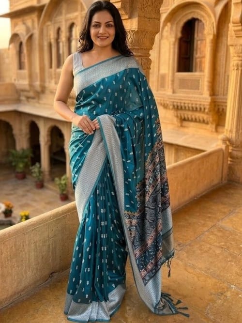 Teal Banarasi Woven Design Saree with Zari Border