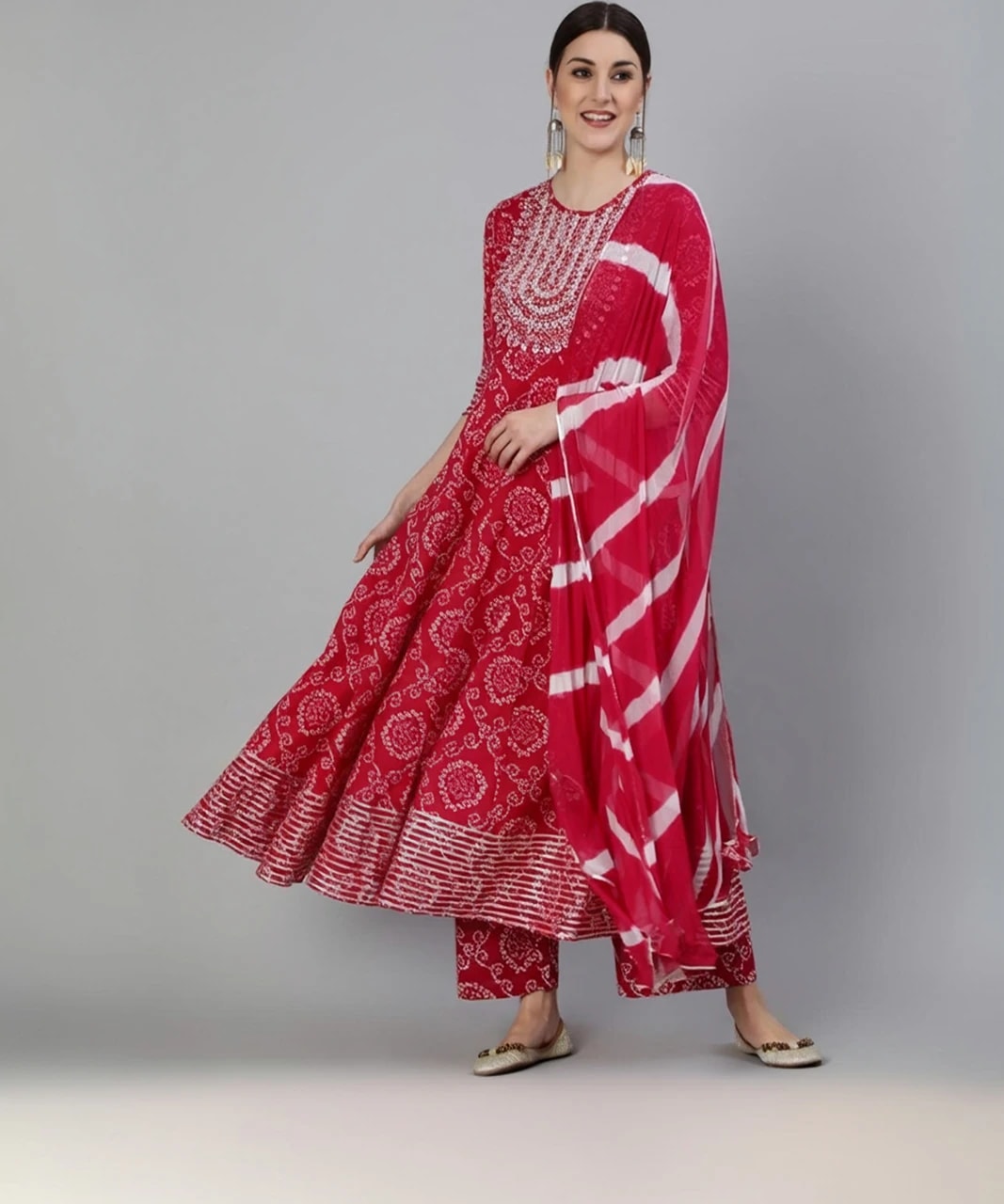 Pink Floral Printed Rayon Anarkali Palazzo and Organza Dupatta Set