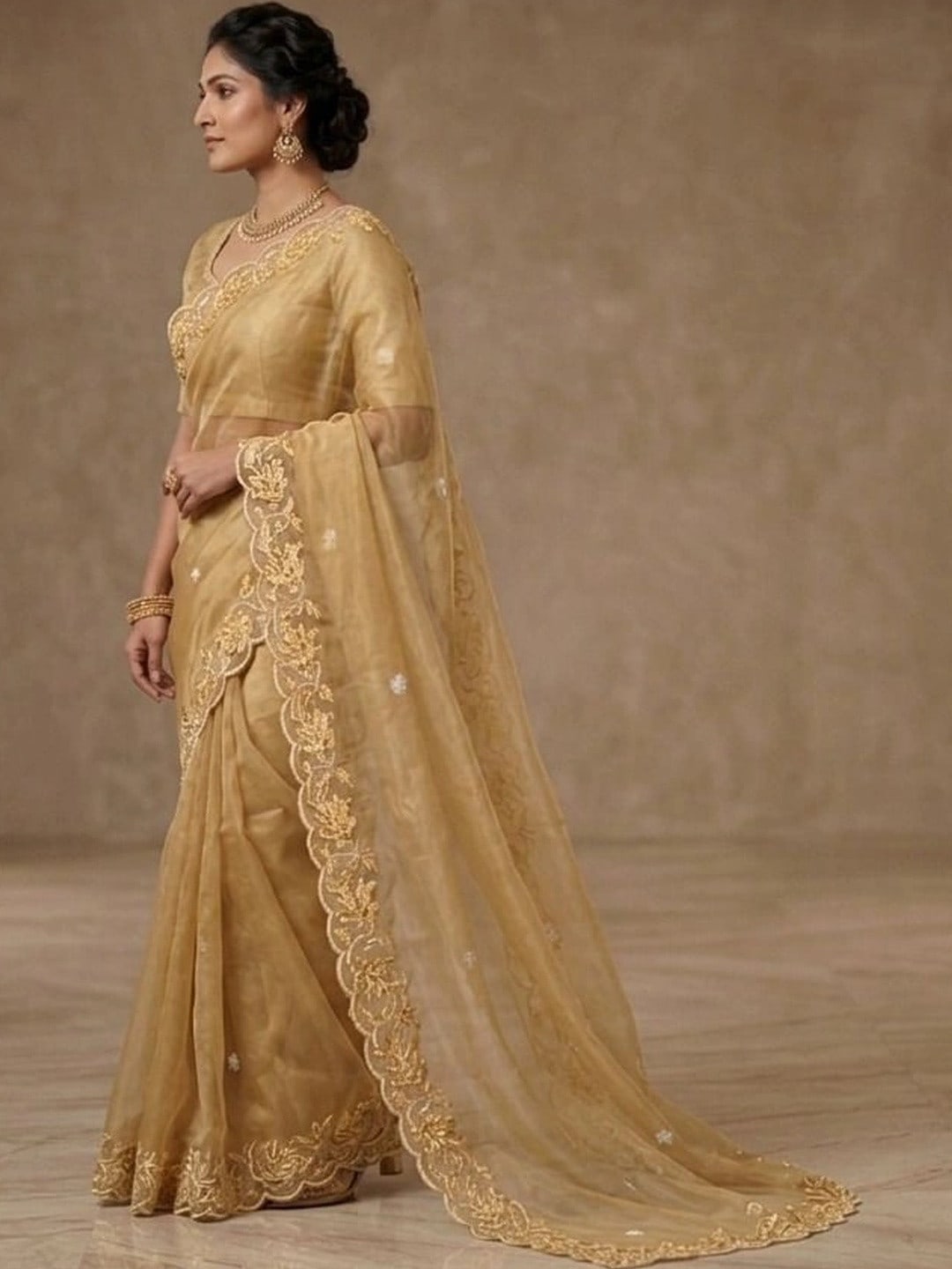 Gold-Toned Solid Saree with Floral Embroidered Border