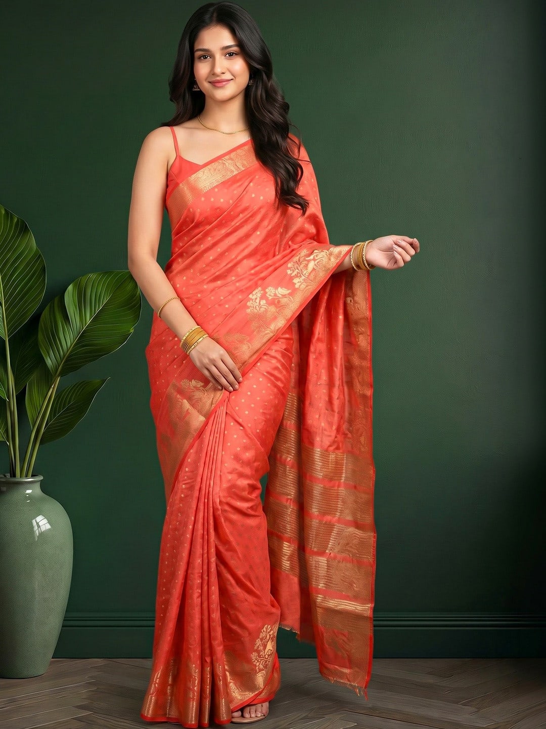 Coral Woven Design saree with Woven Design Border
