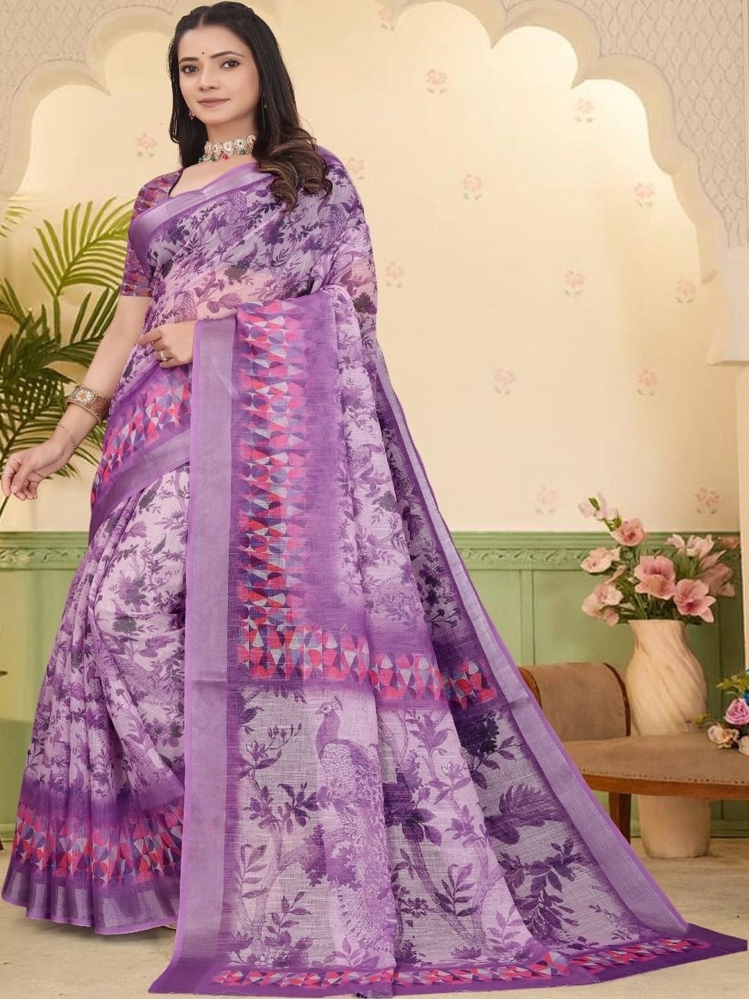 Purple Kanjeevaram Floral Print Saree with Woven Border