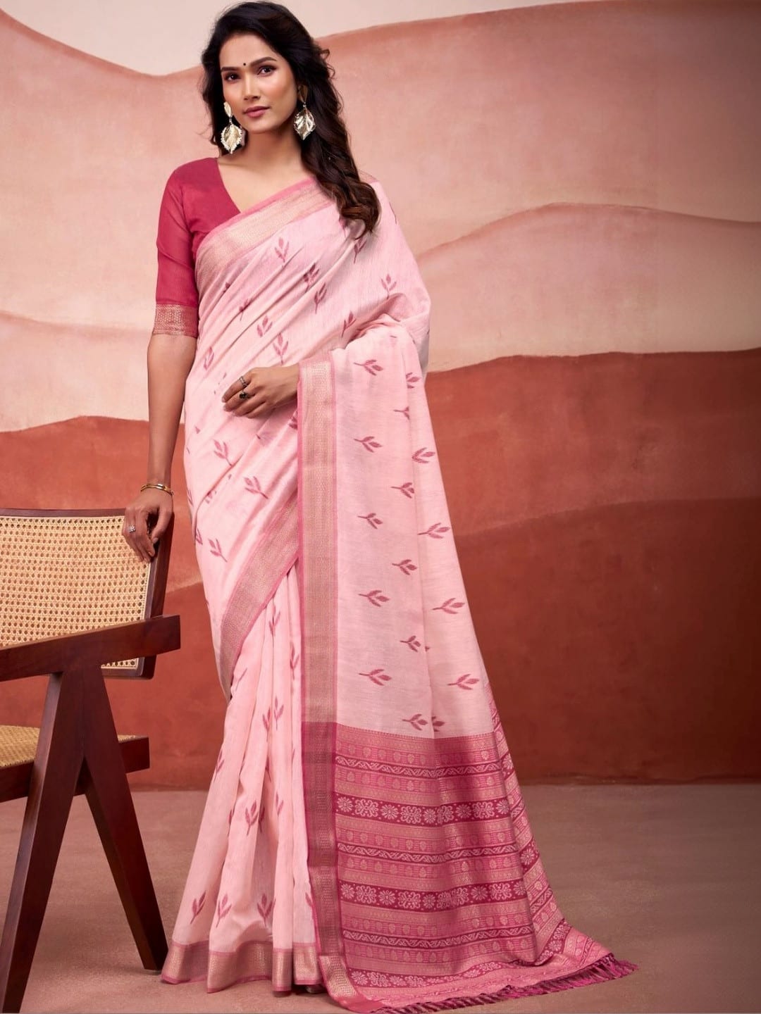 Pink Bhagalpuri Floral Print Saree with Zari Woven Border