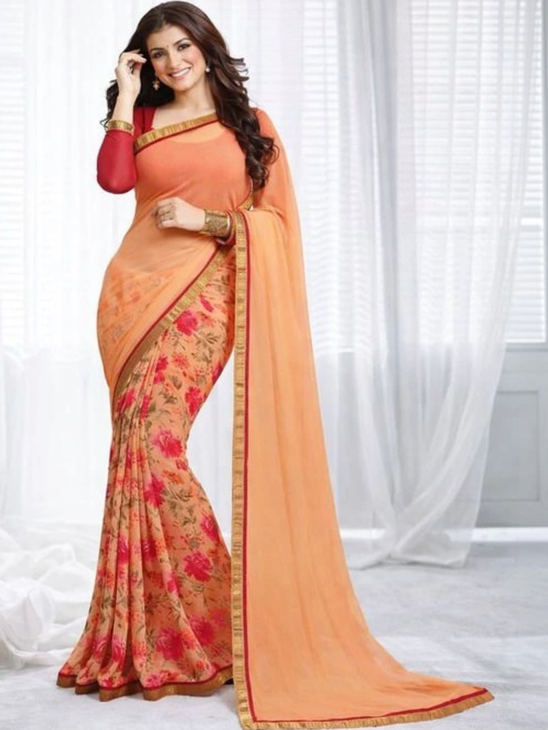 Peach Floral Printed saree with Embellished Border