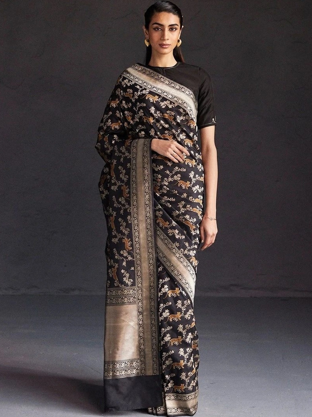 Black Ikat Woven Design Saree with Zari & Embellishments