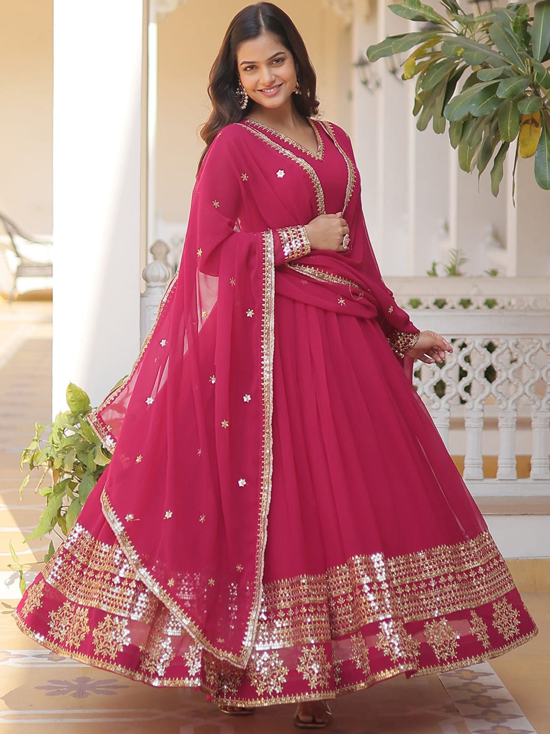 Pink Sequinned Embroidered Georgette Anarkali Dupatta Set