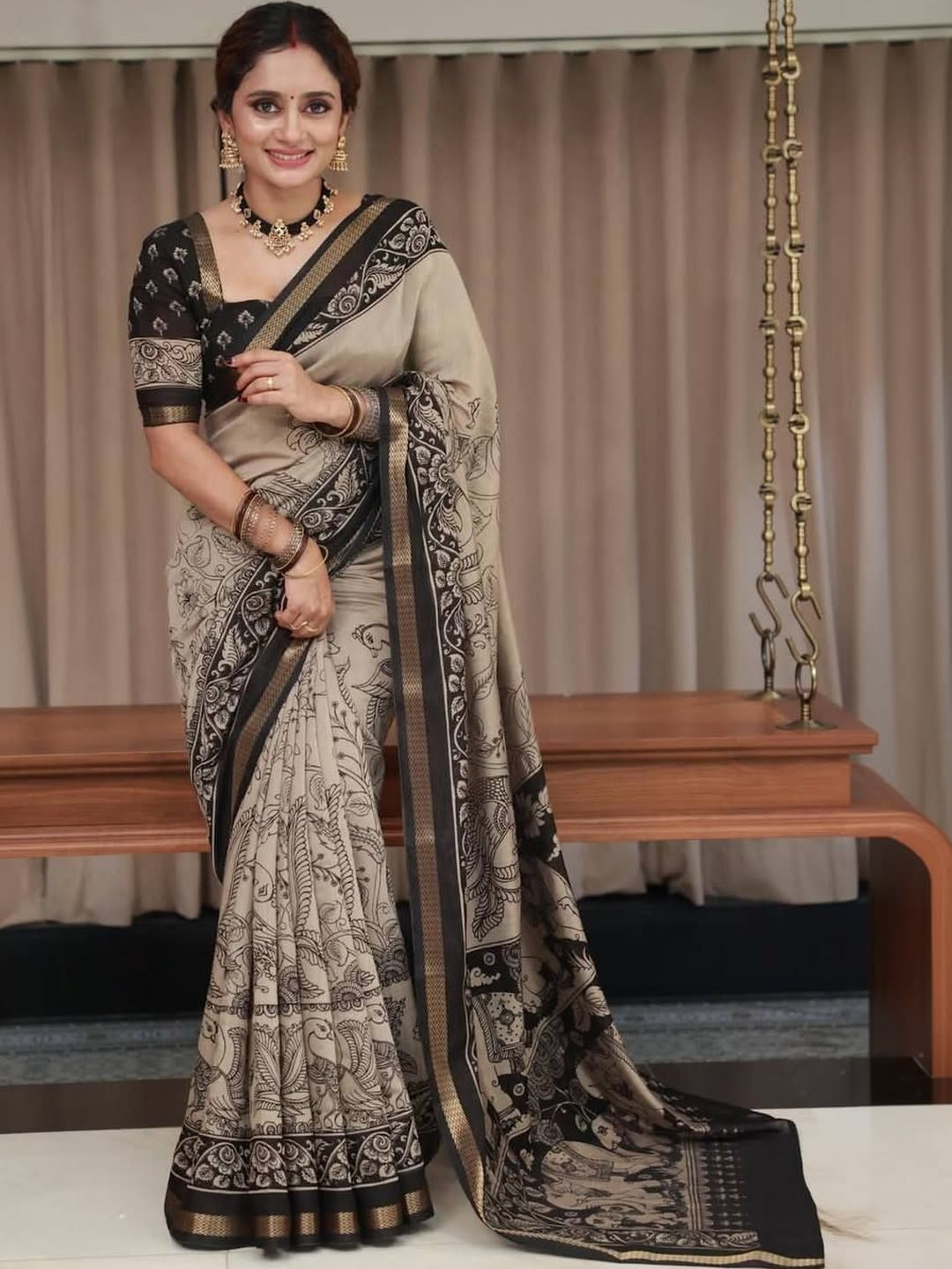 Beige and Black Kalamkari Printed saree with Woven Design Border