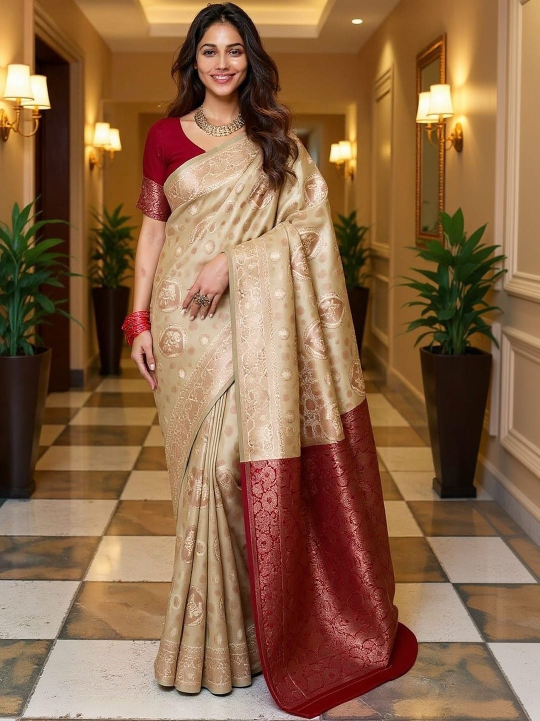 Beige Ethnic motifs woven design saree with woven design border