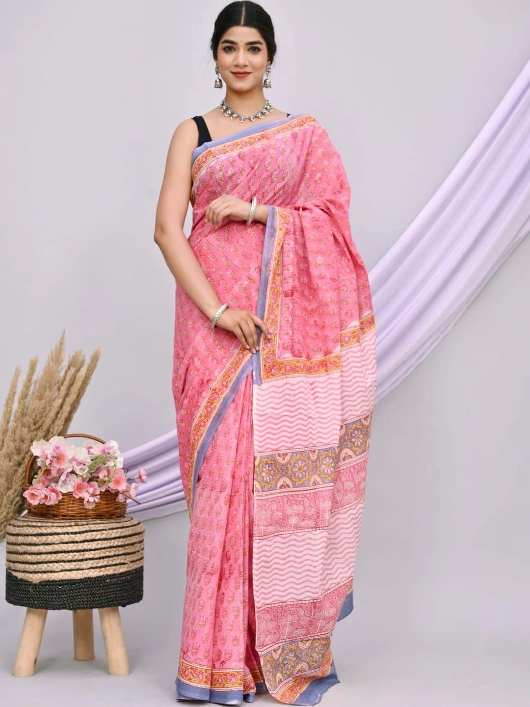 Blue & Pink Block Print Floral Saree with Embroidered Border