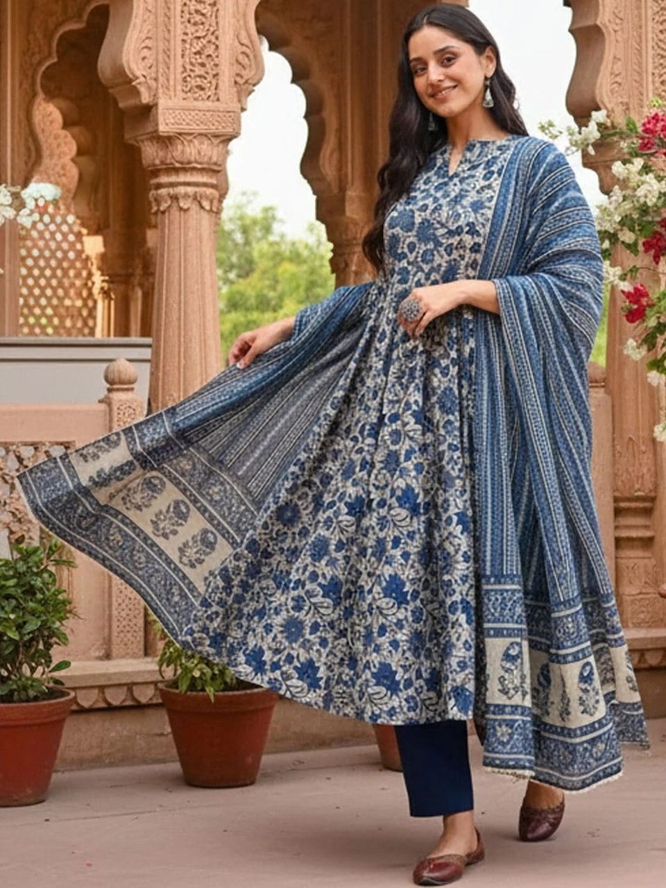 White and Navy Blue Floral Rayon Anarkali Pant Set