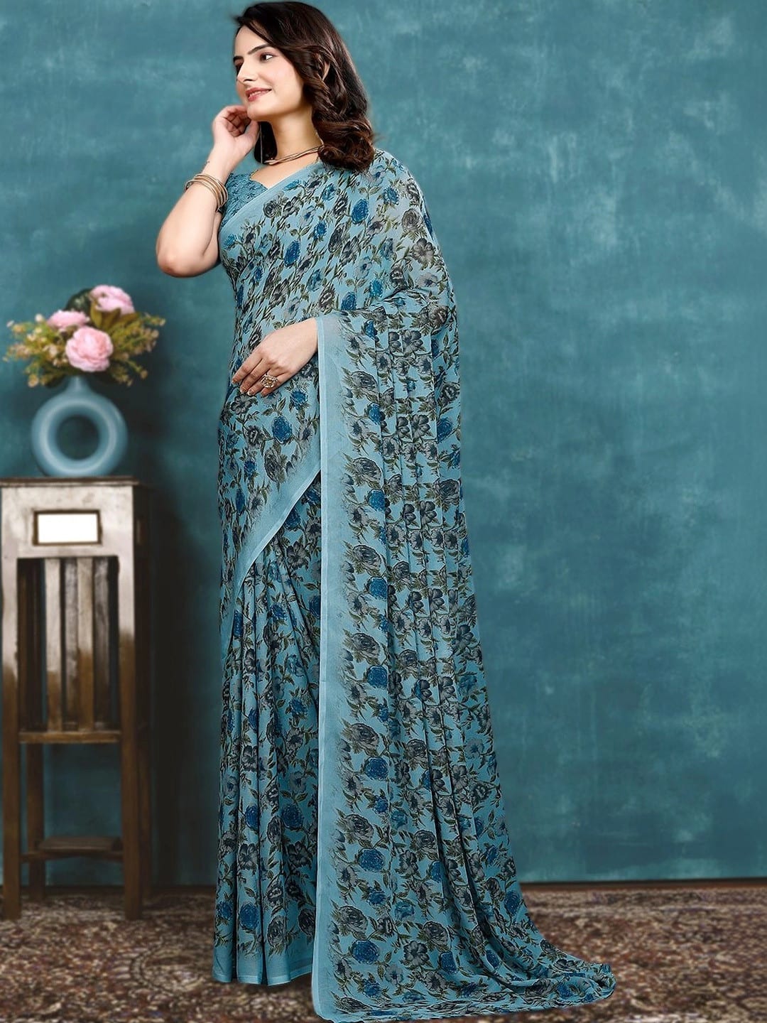 Blue Baluchari Floral Print Saree with Woven Border