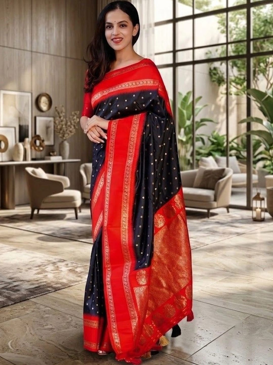 Bold Black Banarasi Woven Design Saree with Zari Border