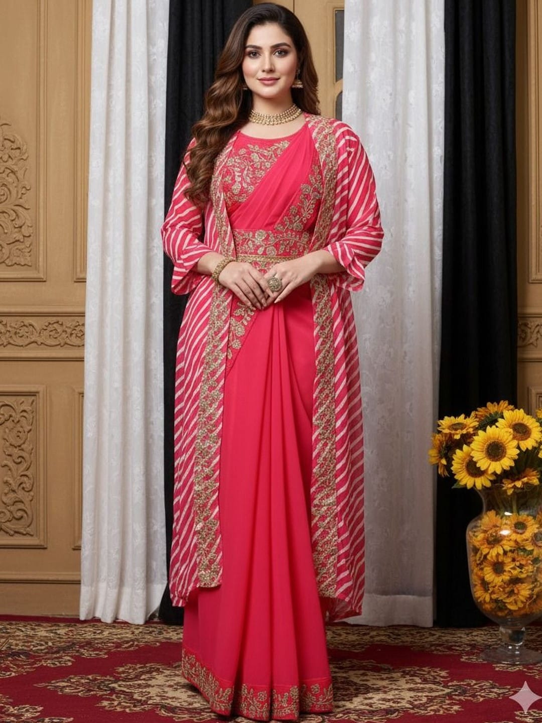 Pink Ethnic motifs embroidered saree with embroidered border