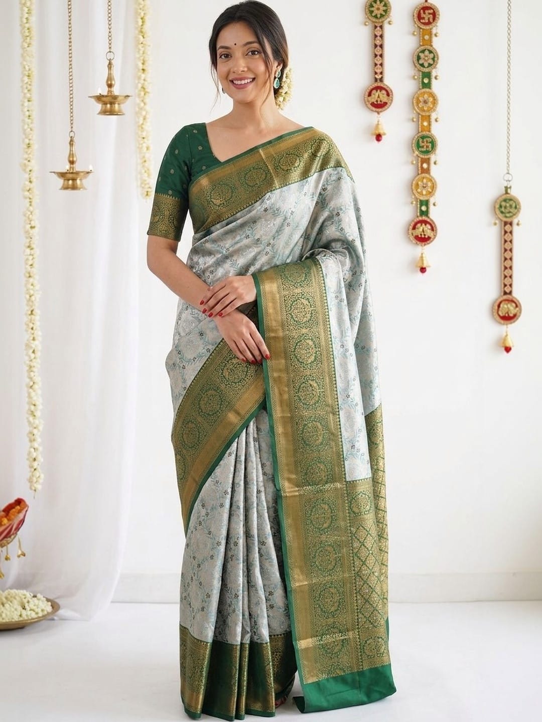 Grey Banarasi Woven Design saree with Zari Border