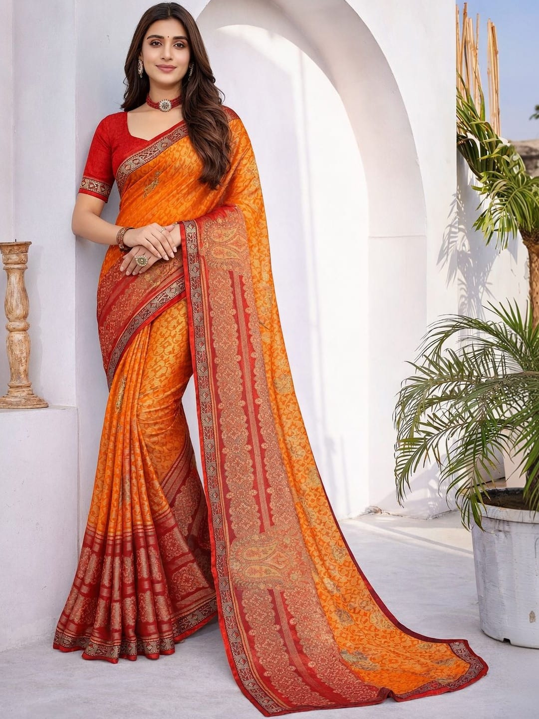 Orange-red Printed sarees with border