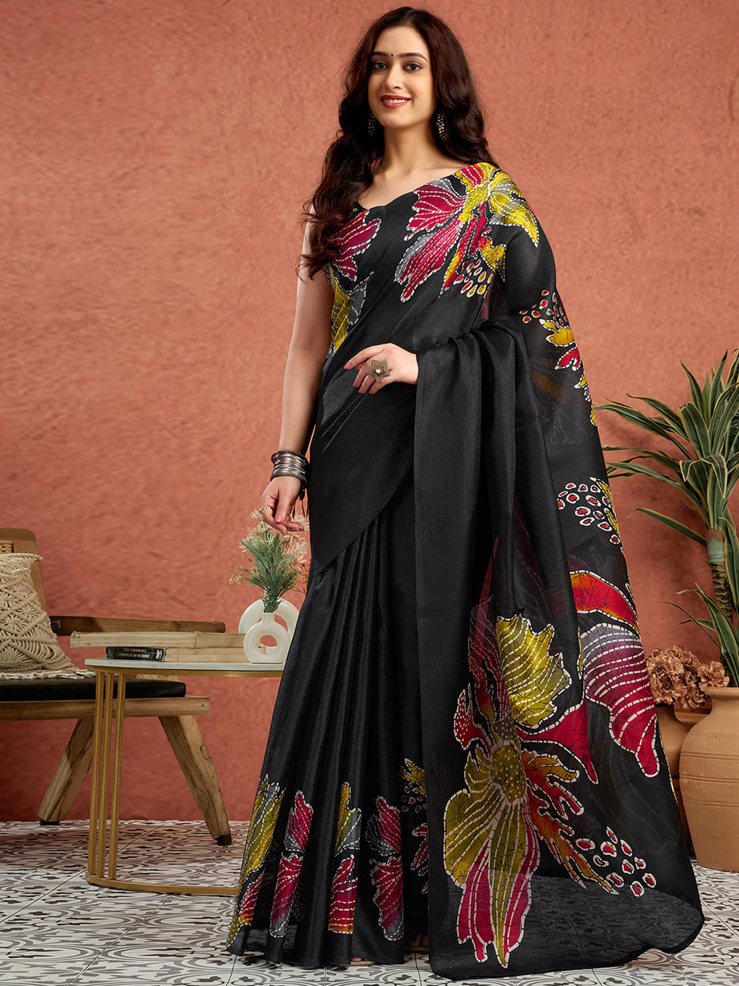 Black pink Floral printed saree with printed border