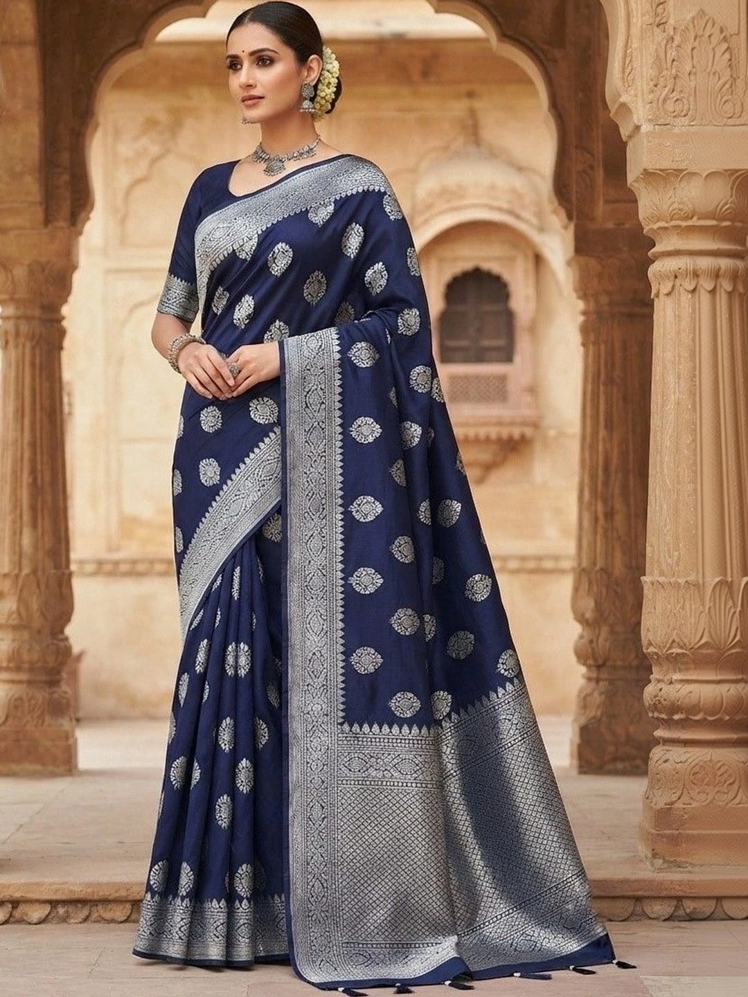 Navy Blue Banarasi Woven Design Saree with Zari Border