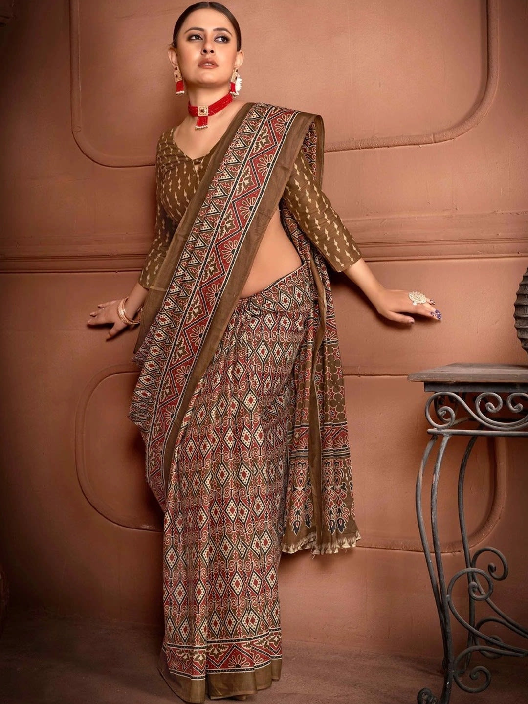 Brown Block Print Floral Saree with Printed Border