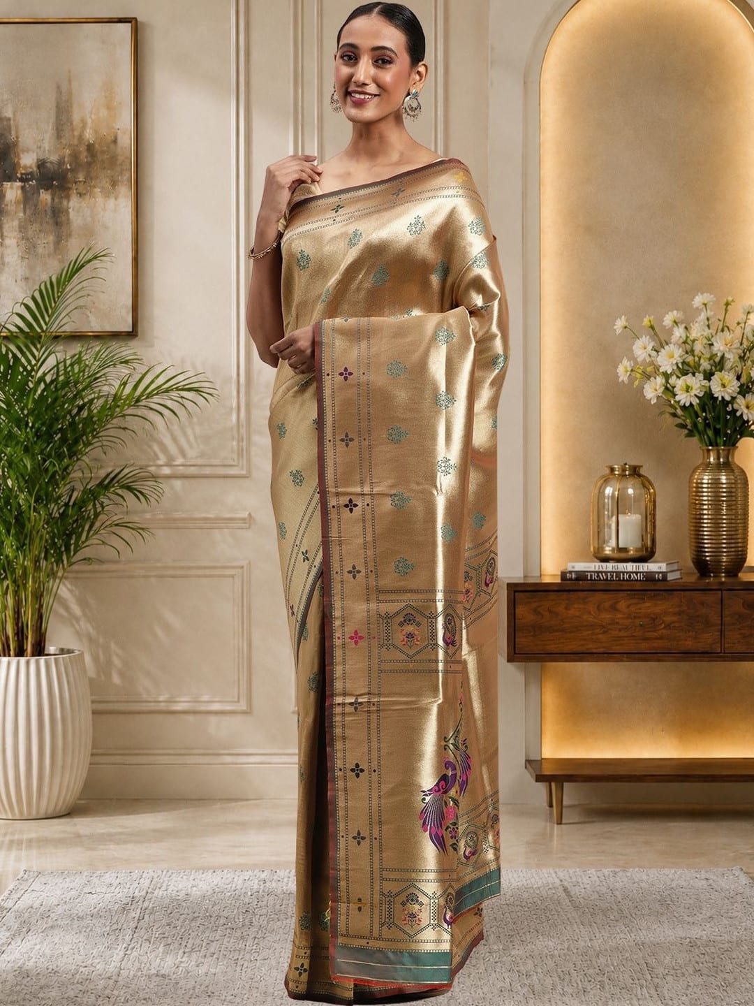 Gold toned Paithani Ethnic Motifs Woven Design saree with Woven Design Border