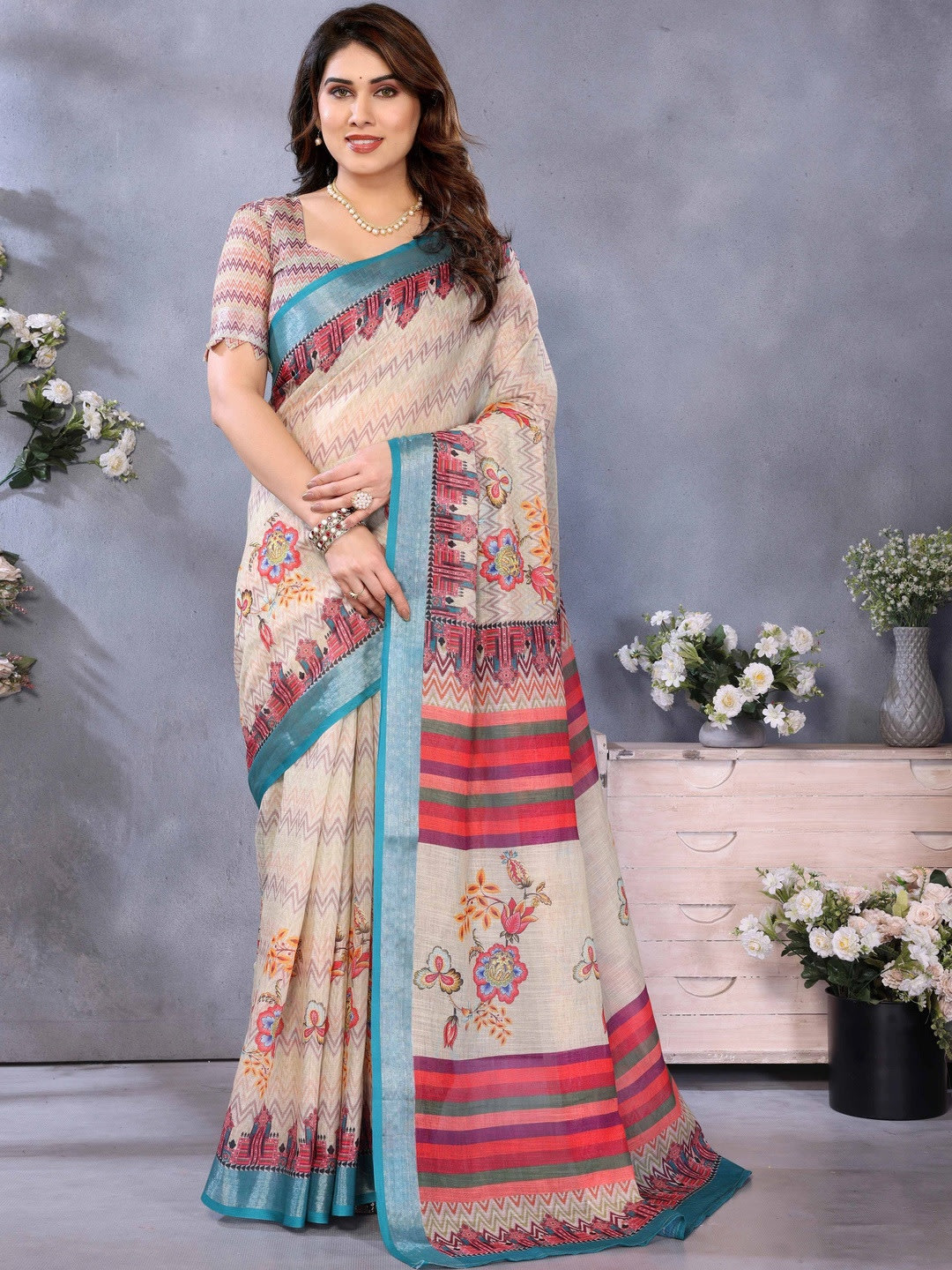 Beige Block Print Floral Saree with Woven Border