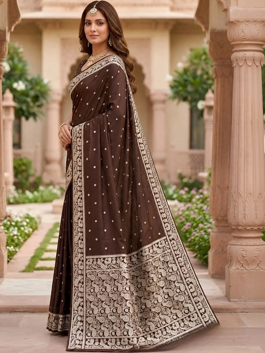 Brown & Silver Banarasi Silk Blend Woven Saree with Zari Border