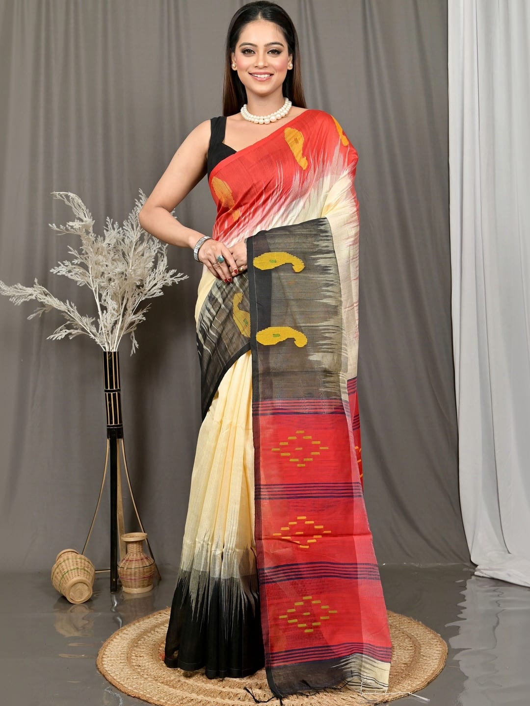 Red & Black Ikat Woven Saree with Ethnic Motifs