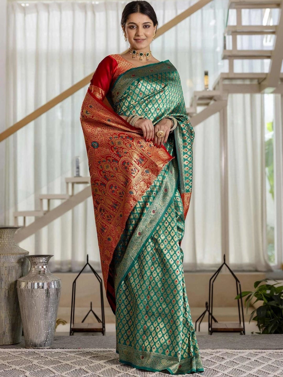 Green & Red Banarasi Woven Saree with Printed Border