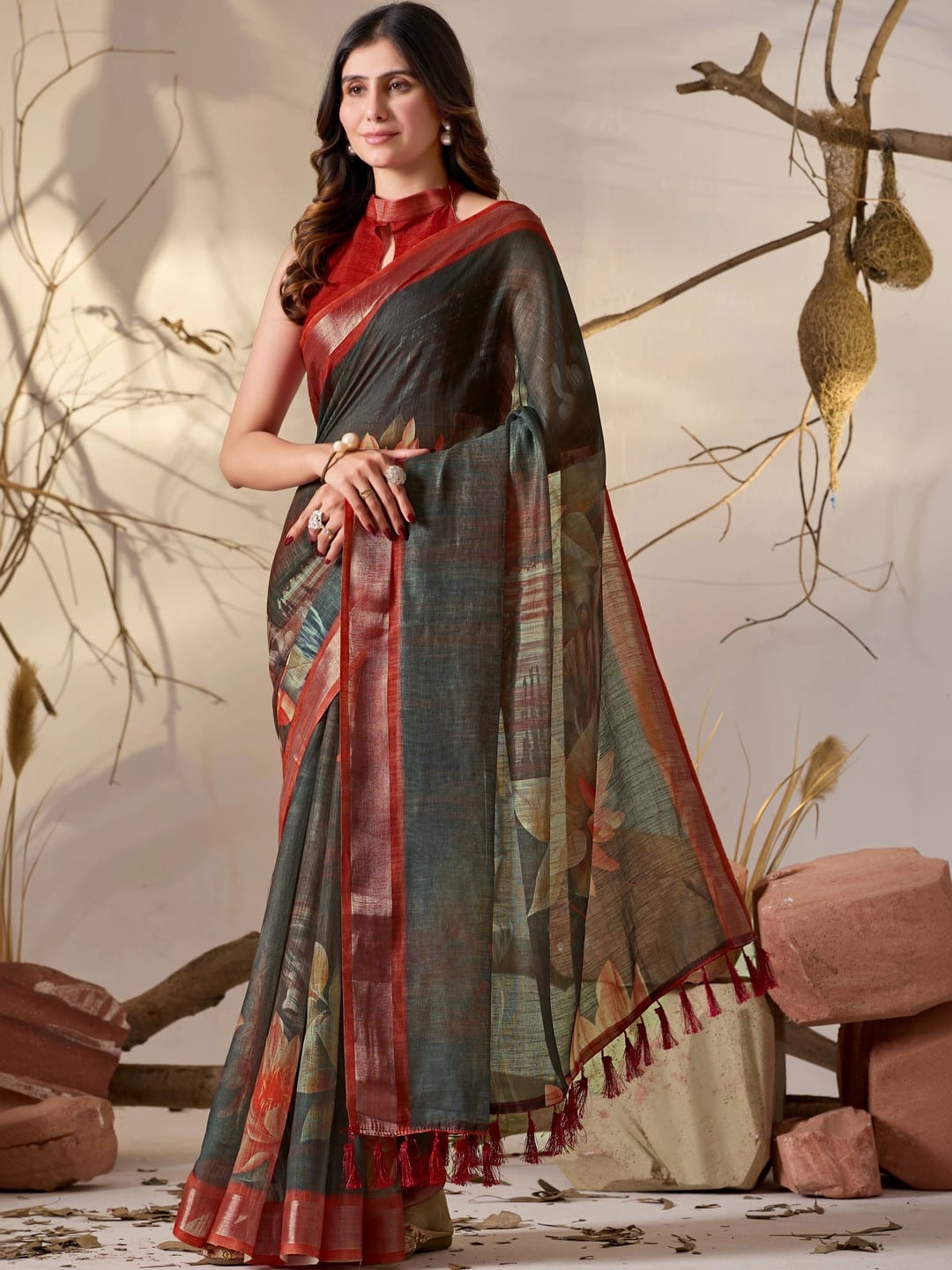 Multicoloured and Grey Kota Floral Printed saree with Woven Design Border