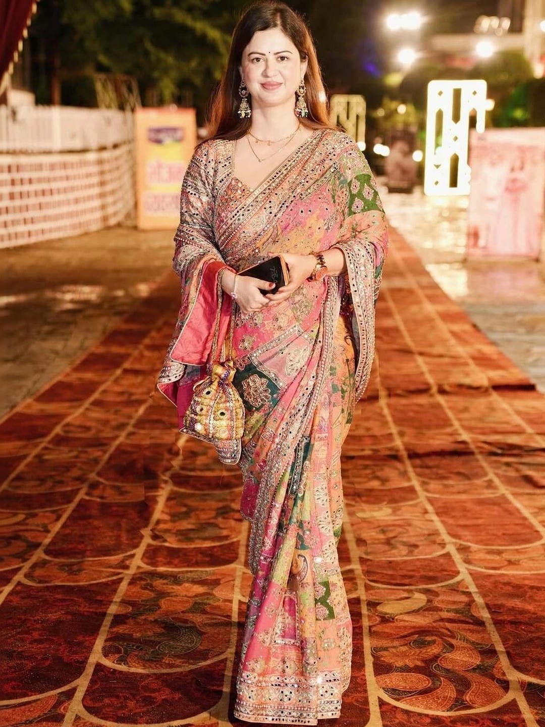 Multicoloured Banarasi Solid Saree with Mirror Work Embroidered Border